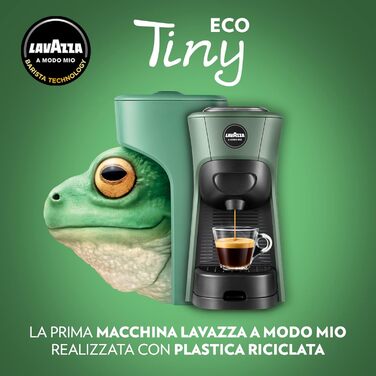 Lavazza, A Modo Mio Tiny Eco Green Coffee Machine with 64 assorted capsules, espresso machine made from recycled plastic, 1450 W, 220-240 V, 50/60 Hz, 0.6 Liter