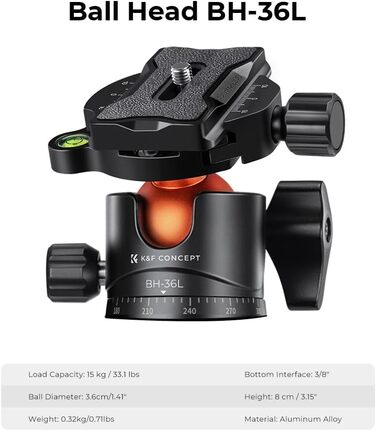 Штатив для камери K&F Concept 156 см, карбоновий, знімний монопод, кульова головка 360°, вантажопідйомність 15 кг, A255C2+BH-36L