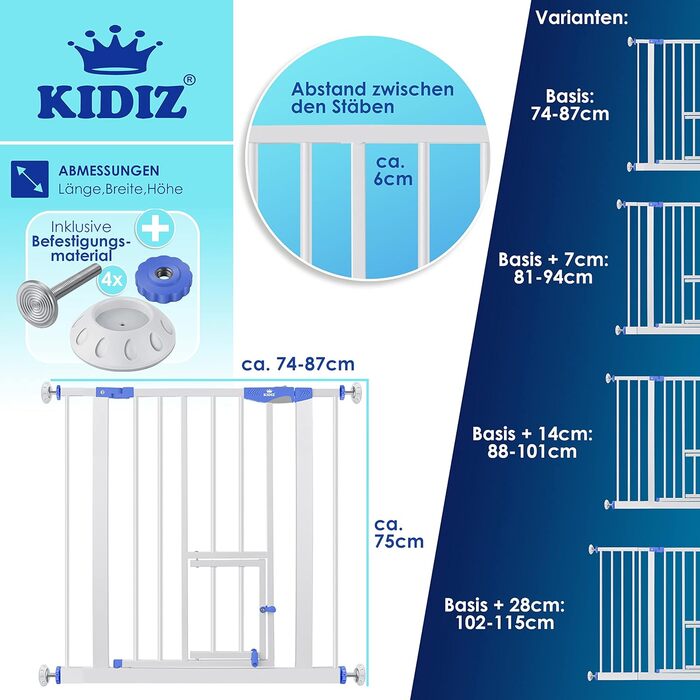 Захисний бар'єр KIDIZ для котів з люком, захист від дітей, турнікет для дитячих кімнат без свердління, поворотний, білий/блакитний, ширина 74-87 см