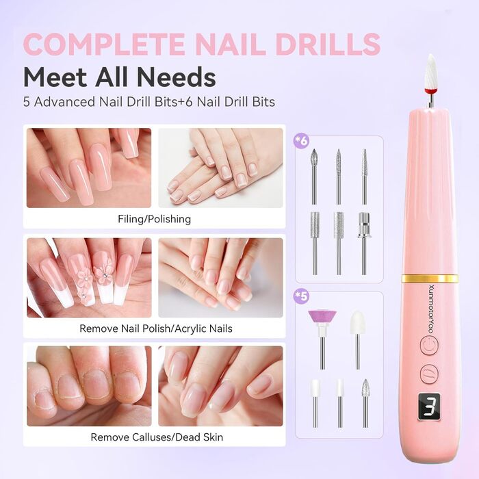 Професійний електричний фрезер для нігтів 12 в 1 з USB-зарядкою, 20000 RPM для манікюру та педикюру (Рожевий)