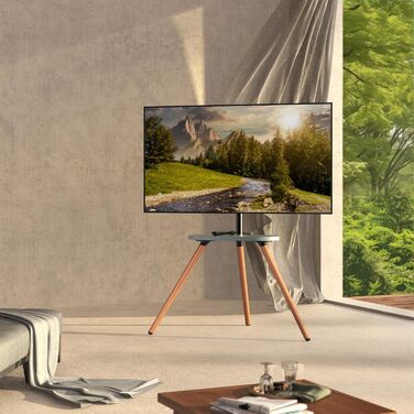 Adjustable TV Stand with Easel Design - Fits 43-65 inch TVs, Max VESA 400x400mm, 35kg Weight Capacity, Wood Tray - White (Black)
