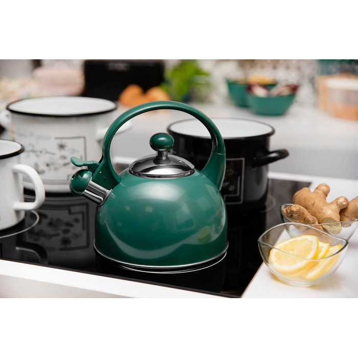 Чайник електричний зі свистком з нержавіючої сталі Molly, 1.7л, зелений (газова плита, індукція, плита)