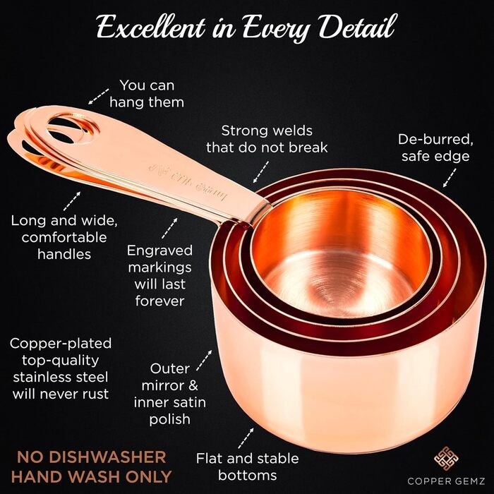 Copper and stainless steel measuring cups and spoons, copper-plated, high-quality stainless steel. Satin + high gloss polished. US + metric measurements. Kitchen gift under $30. From Copper Gemz Gift Box Packaging copper.