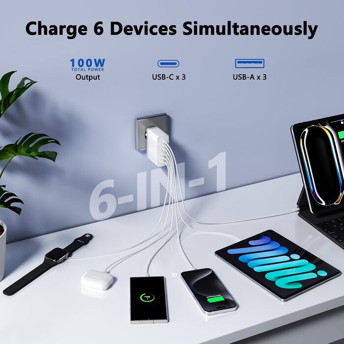 Зарядний пристрій USB-C 50W, 5 портів: 2 USB-C та 3 USB-A, швидка зарядка PD 3.0 для iPhone, Samsung, телефонів, планшетів (Сірий)