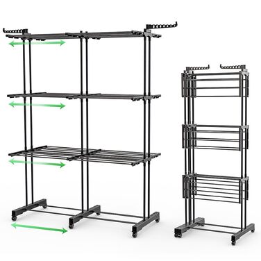 VOUNOT® Сушарка для білизни Турм Розкладна, для дому та вулиці, з розкладними крилами, телескопічною штангою, 6 колесами, 40м довжини сушіння, 3 яруси, білий (чорний) колір