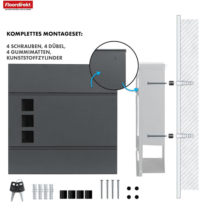 Поштовий ящик Floordirekt Jean Anthrazit з газетницею, кришкою та замком, антрацит