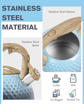 Чайник для заварювання чаю Teekessel 2,7 л з емальованим покриттям, зелений колір з імітацією дерева, з носиком-свистком, з нержавіючої сталі, антипригарне покриття, зручна ручка оливкового кольору з переходом у блакитний