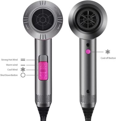 Іонний фен Faszin з AC-двигуном: професійний, 2 швидкості, 3 режими нагріву, кнопка холодного повітря, насадки-дифузор та концентратори (сірий)