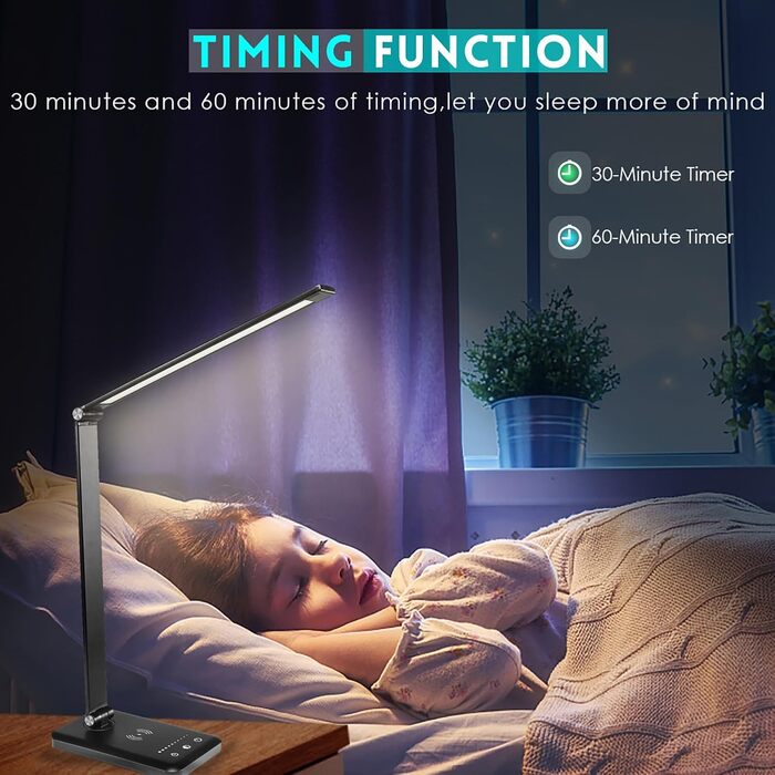 Настільна LED лампа BIENSER 20W з бездротовою зарядкою та USB-портом, 10 рівнів яскравості, 5 режимів світла, таймером та функцією пам'яті, чорна