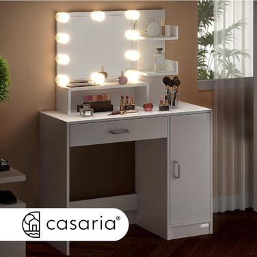 Туалетний столик Casaria з LED підсвіткою, дзеркалом і 3 полицями, білий, дерев'яний, з висувними шухлядами, для макіяжу, з пультом дистанційного керування, розмір 90x40 см