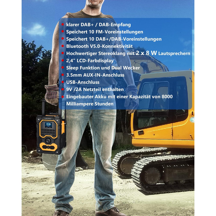 Радіо для будівельного майданчика DAB+ FM з Bluetooth 5.0, 16W стерео, акумулятор 8000mAh (18h), USB зарядка, Aux, вологозахист, пилозахист (жовто-чорне)