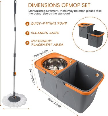 Набір для миття підлоги Rainberg Spin Mop з відром: 3 змінні насадки, висувний 130 см, мікрофібра, самовіджимання, сірий та помаранчевий