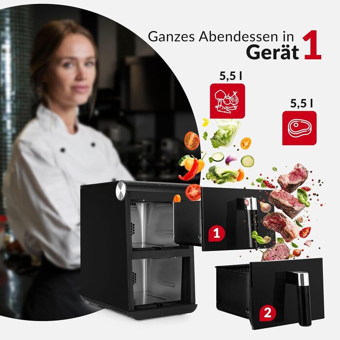 Фритюрниця без олії LEHMANN з 2 камерами, 2400 Вт, AirFryer XXL з 12 програмами, до 200°C, WiFi, 11л – для смаження, випікання, сушіння, грилю