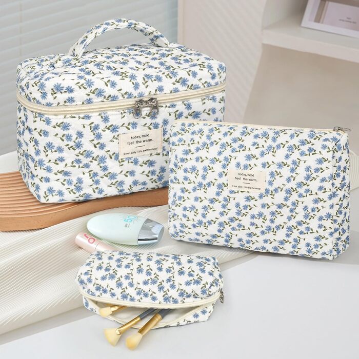Набір косметичок для жінок: 3 шт. (великі та маленькі) - косметичка, сумочка для макіяжу, органайзер для подорожей (блакитний з квітами)