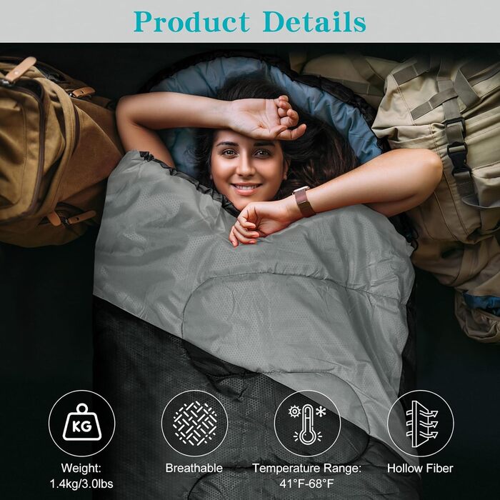 Yarmiene 3-4 Season Sleeping Bag - Adult & Kids Outdoor Sleeping Bag - Warm & Rectangular for Camping & Hiking (Black+Gray)