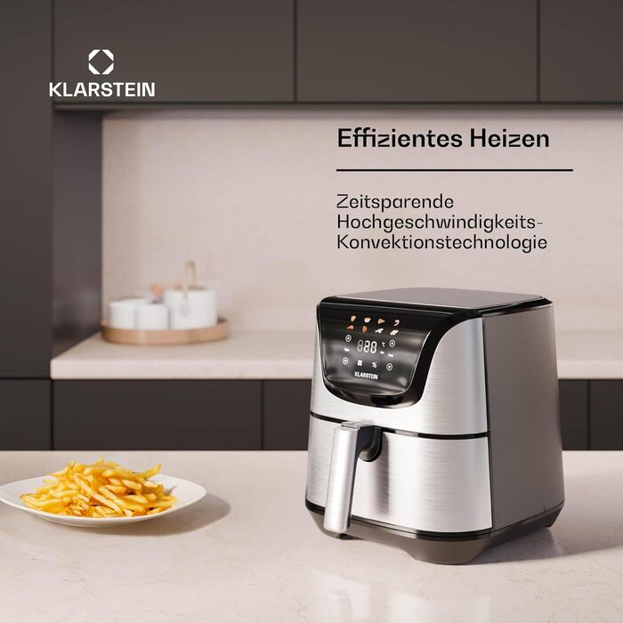 Klarstein AeroVital Deluxe Hot Air Fryer – 5.4L Airfryer, 1700W, Touch Display, 8 Programs, Non-Stick Coating, Grill Rack & Pizza Pan, Cool-Touch Housing, Timer & Temperature Control, Stainless Steel Hot Air Fryer + Basic Accessory Set
