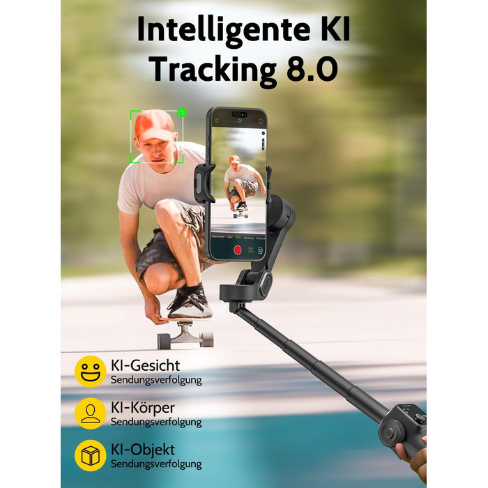 Стабілізатор для телефону Smart V8 Black з 3-осьовою стабілізацією та 7.8-дюймовою штангою, AI-трекінг, OLED-дисплей, кнопка зйомки