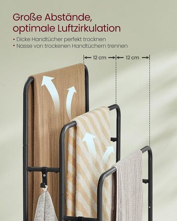 Підставка для рушників VASAGLE, стояча, 3-х рівнева, 70 x 30 x 100 см, з 2 гачками та полицею, чорний + чорне дерево, LLS019B01