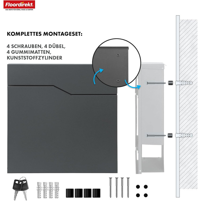 Поштовий ящик Floordirekt Jean Anthrazit сучасний з газетницею, кришкою та замком, антрацит