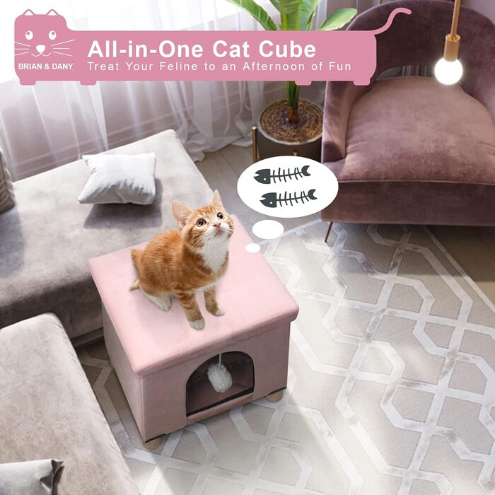 BRIAN & DANY Foldable Cat Cave Large Cat, Cat House Cave for Cats with Scratch Board and Play Ball, Storage Ottoman Seat Stool Footstool with Wooden Feet 37.5 x 32.5 x 36 cm, (Pink)