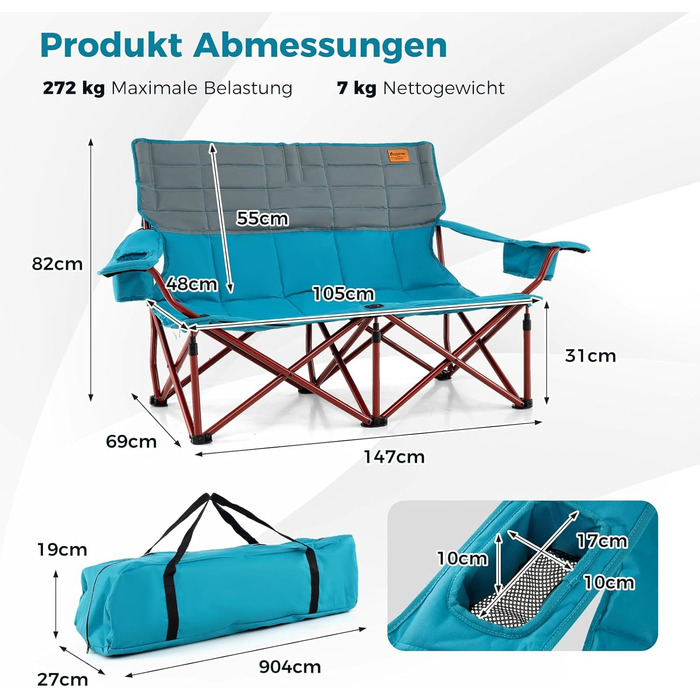 Крісло для кемпінгу Costway: складане, з регульованими підлокітниками, тримачами для напоїв та сумкою, вантажопідйомність 272 кг, для відпочинку, риболовлі, пікніків (зелене, блакитне)