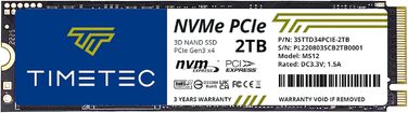 SSD Timetec 2TB NVMe PCIe Gen3x4 з DRAM Cache – Внутрішній SSD для ПК, 3.400/3.000 MB/s
