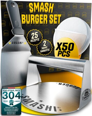 Набір для приготування Smash Burger від SMASHI® з нержавіючої сталі 304 – професійний набір з антипригарною пресом, лопаткою для гриля та дзвоном для бургерів – з рецептами (базовий)