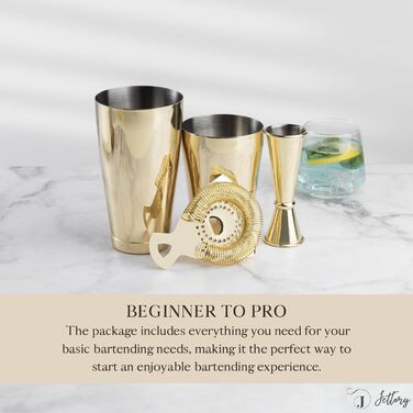 Boston Shaker Set - 4-Piece Cocktail Shaker Kit with 18/28 oz Boston Shaker Stainless Steel, Strainer, and Jigger, in a Stylish Gift Box - Ideal for Home Bar Use. (Gold)