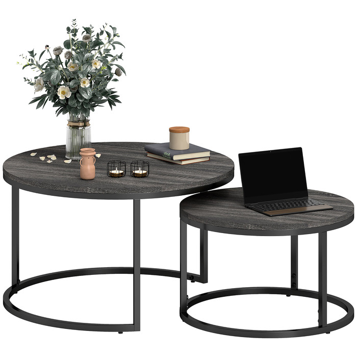 HOMCOM Round Coffee Table 2-Piece Set Stackable Side Table with Metal Frame, Living Room Table with Wood-Look Finish, Coffee Table for Living Room Bedroom Black | Aosom