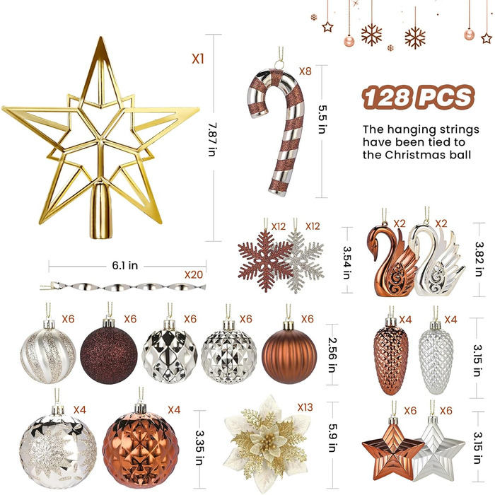 Набір прикрас для ялинки Alupssuc 128 шт. - ялинкові кулі, квіти, орнаменти, червоно-золотий (шампань, коричневий)