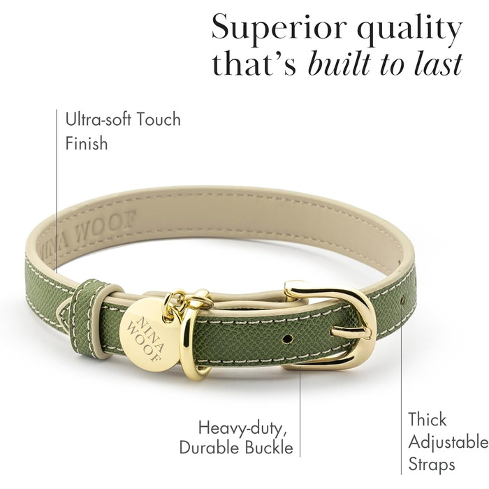 Нашийник для собак Nina Woof Milan з веганської шкіри, м'який, регульований, з крокодиловим тисненням, розмір M (38–48 см), Оливковий, XS (23–30 см)