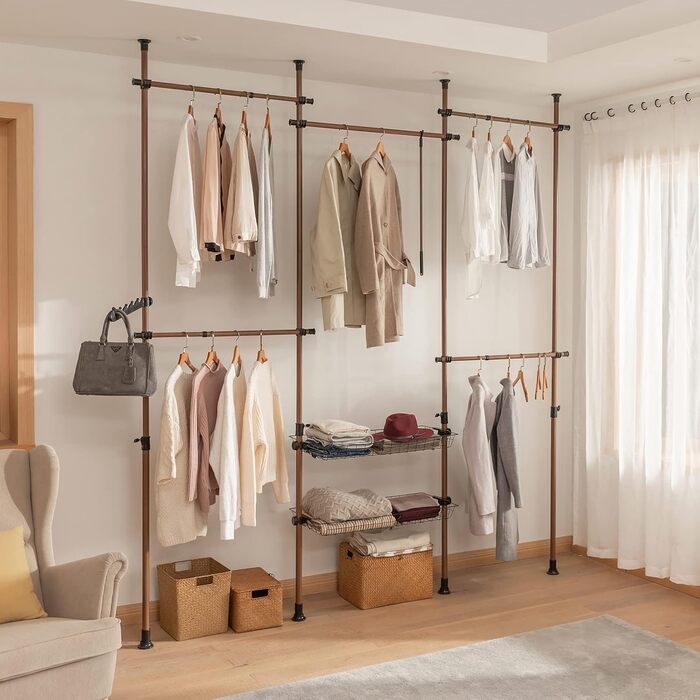 SoBuy KLS04-SCH Telescopic Clothing Rail with 5 Garment Rails and 2 Baskets Telescopic Wardrobe System Adjustable Shelf System B (209-311) x H (200-285) cm (Brown)