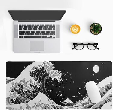 Чорне абстрактне килимок для миші з морем, 80x20 см - килимок для миші з текстурою хвилі, антиковзаюча гумова основа, великий килимок для столу для офісу та дому