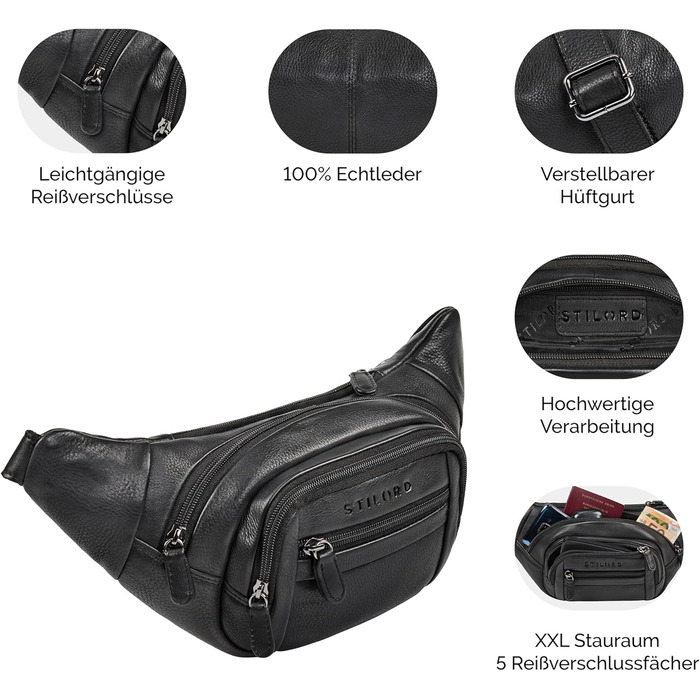 STILORD 'Dublin' Чоловіча поясна сумка з екошкіри великого розміру з багатьма відділеннями, водовідштовхуюча, захист від крадіжки. Чоловіча сумка на пояс XXL з екошкіри для подорожей, фестивалів, піших прогулянок, чорного кольору.
