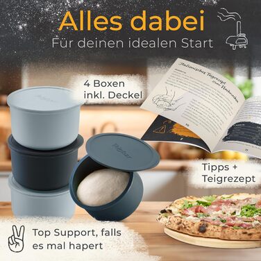 Pizza Ball Box with Lid, Set of 4 - Space-saving dough box made of non-stick silicone - Up to 350g pizza dough box - Proofing box, pizza accessory, pizza box - Black/Grey - Ø13cm