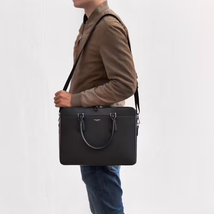 David Jones - Men's Briefcase - Business Bag for Men - 13 inch Laptop Bag Work Bag - Saffiano PU Leather A4 Handbag Shoulder Bag Crossbody Bag - Briefcase Messenger Work Office - Black