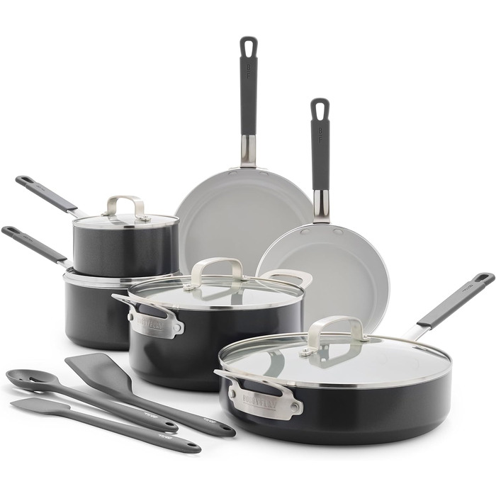Набір посуду GreenPan x Bobby Flay 13 предметів: професійне алюмінієве покриття Ceramic Non-Stick, індукційне дно, силіконові ручки, безпечний для здоров'я, сумісний з плитою та духовкою