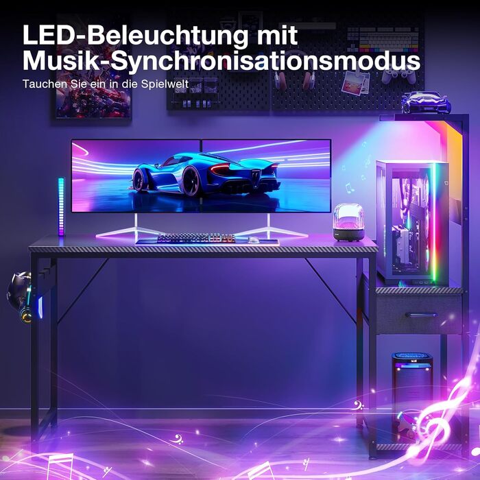 Ігровий стіл Coleshome з LED-підсвічуванням, стіл для геймінгу з шухлядами та полицею, обертовий комп'ютерний стіл з тримачем для навушників (Carbon Fiber Black, 138×48 см)