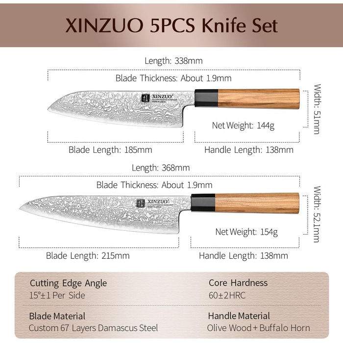 Японський ніж XINZUO Damaststahl Kiritsuke 21.5 см з нержавіючої сталі Дамаск, ніж шеф-кухаря Gyuto з ручкою з оливкового дерева та чорного рогу буйвола, з піхвою (набір з 5 ножів)