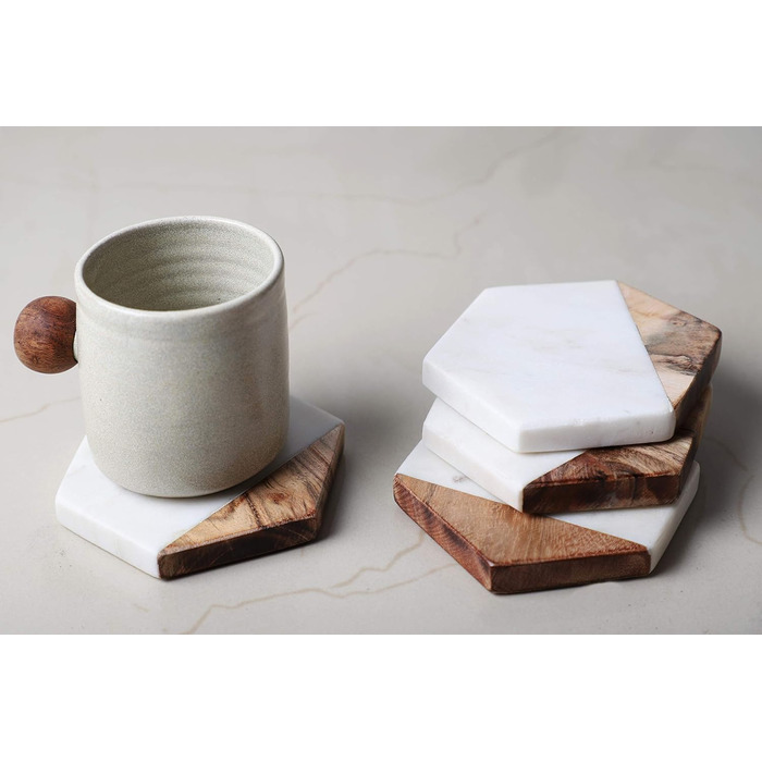 GoCraft Coasters made of marble and mango wood, handcrafted, geometric, white. Marble coasters for drinks, wine glasses, beverages, cocktails, and bar glassware, elegant home decor and