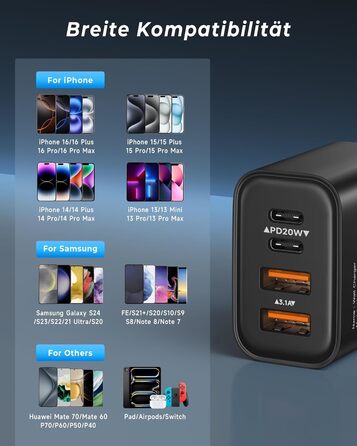 Зарядний пристрій ZKAPOR USB-C з 4 портами, 40W, з підтримкою PD та QC, для iPhone 16/15/14, Samsung Galaxy, Huawei, iPad Pro/Air, білий/чорний