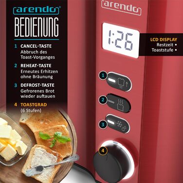 Тостер Arendo з нержавіючої сталі, 4 слоти, подвійні стінки, підставка для булочок, 6 ступенів підсмажування, центрування хліба, автовимкнення, дисплей з таймером