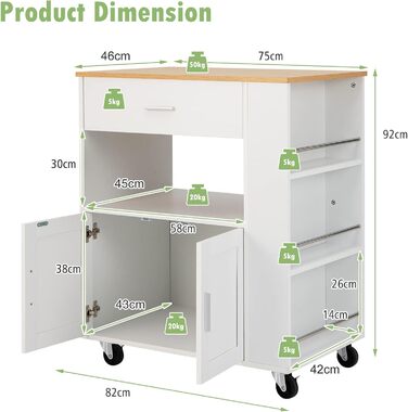 Giantex Rolling Kitchen Cart with Drop Leaf Top, Kitchen Island with Storage, Mobile Kitchen Island Wood, Kitchen Storage Cabinet Serving Cart with Drawer & 3 Shelves (White)