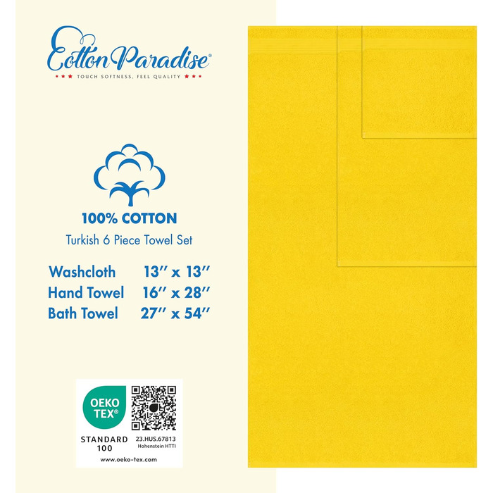 Набір рушників для ванної Cotton Paradise, 100% бавовна, жовтий, 6 предметів (2 великих, 2 середніх, 2 для обличчя)