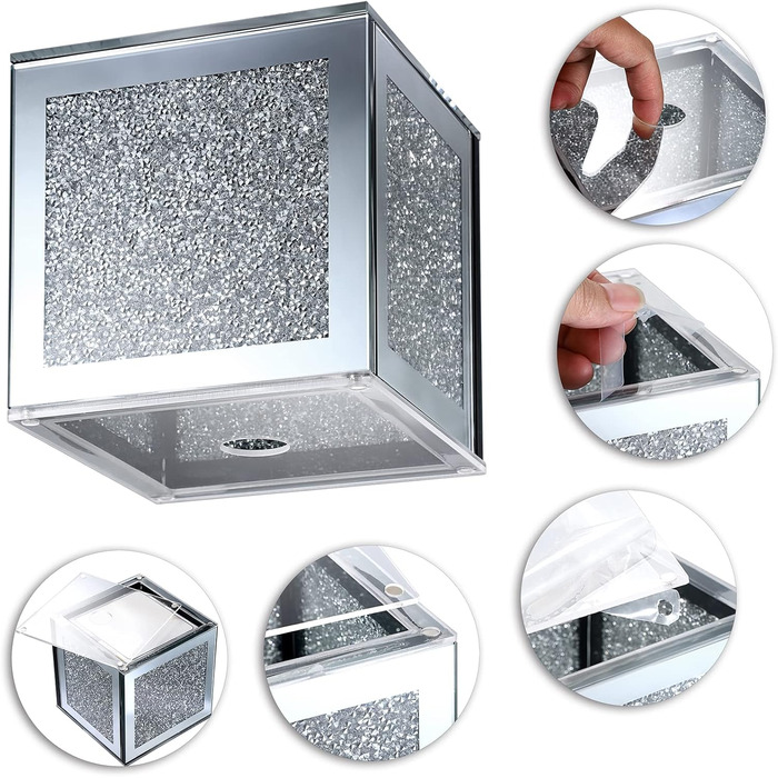 BTSKY Glittering Glass Cube Tissue Box with Crushed Crystal Diamonds for Home Decoration, Table Napkin Holder, Square Tissue Organizer