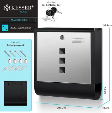 Поштова скринька KESSER® з газетницею та іменним шильдиком, нержавіюча сталь, матова, з оглядовим вікном, 3 ключі, порошкове покриття, настінний монтаж, велика, з матеріалом для монтажу (Чорний / Срібний)