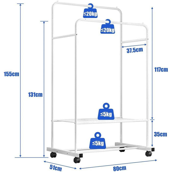 Rolling Clothes Rack, Metal Garment Rack with 2 Shelves, 2 Clothes Rods, for Shop Bedroom Dressing Room, White
