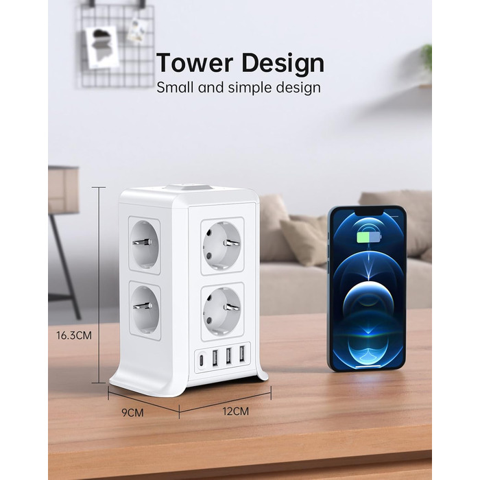 Багаторозкладна мережева панель Sameriver 8-fach з вимикачем, 4 USB, захист від перенапруги, 5 м, біла
