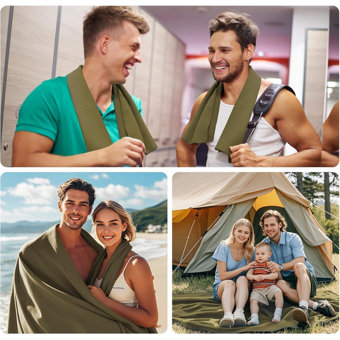 Набір з 3 рушників з мікрофібри: великий 180x90 см та 2 маленькі 80x40 см, швидковисихаючі, для спорту, подорожей, басейну та пляжу (армійний зелений)