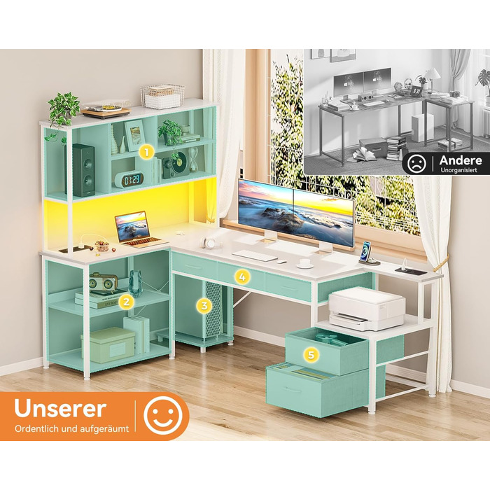 Комп'ютерний стіл Coleshome з 5 шухлядами та 4 полицями 180x100 см, L-подібний стіл з LED-підсвіткою, розетками та USB, великий стіл для home office, білий